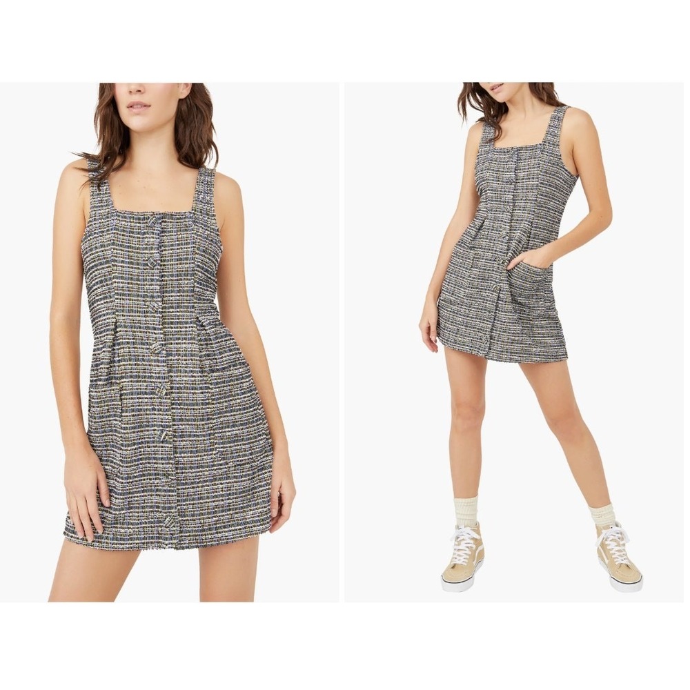 Free People Maxx tweed sleeveless shift‎ dress Womens L Overall Retro 50s chic